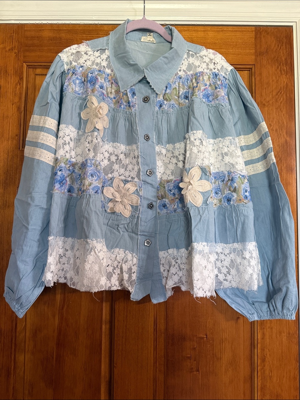 POL Light Blue Lace & Floral Appliqué Jean Jacket